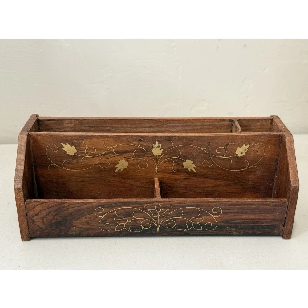 Vintage Wood Desk Organizer Brass Inlay Letter Holder Mail Sorter Paper Caddy